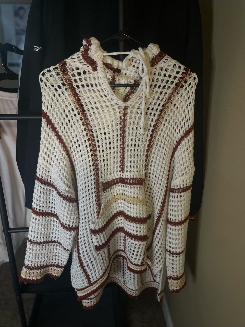 Vintage Open-Knit V-Neck Hoodie Sweater in Cream with Brown & Tan Stripes